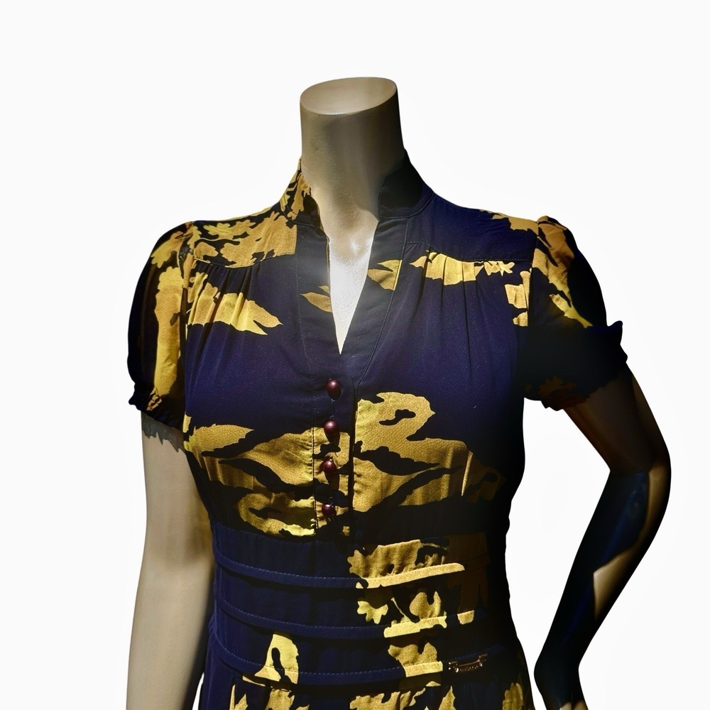 Marchesa Notte Maxi Dress 4 Navy Blue Yellow Flutter Bohemian Luxe Wedding Guest - Picture 3 of 16